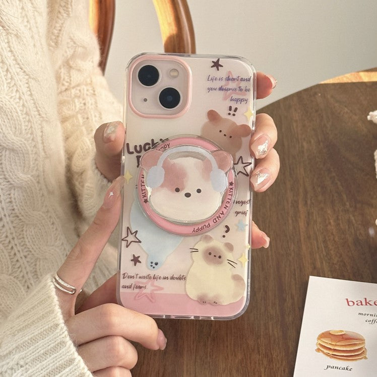 Snuggly Kitten And Puppy Phone Case + Magnetic Phone Holder