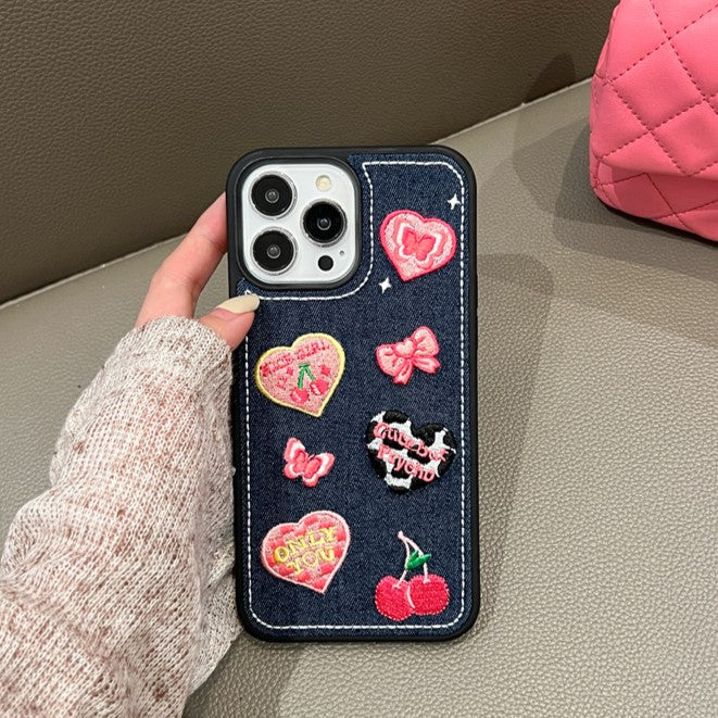 Cute But Psycho Denim Embroidered Phone Case